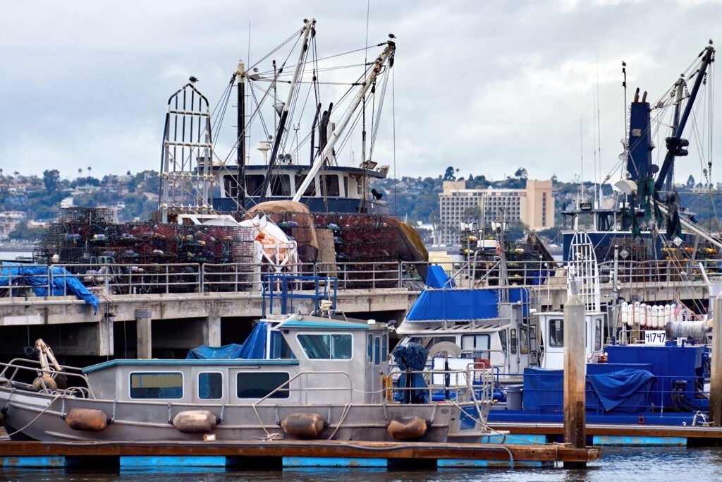 Seaport and moored boats in San Diego